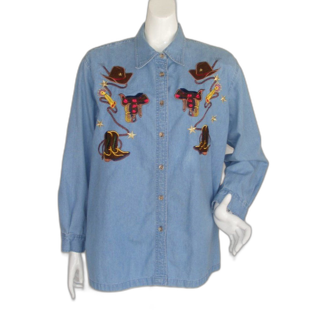 Vintage Denim Shirt, L, Blue, Cowboy Boots/Saddles Embroidery, Long sleeves